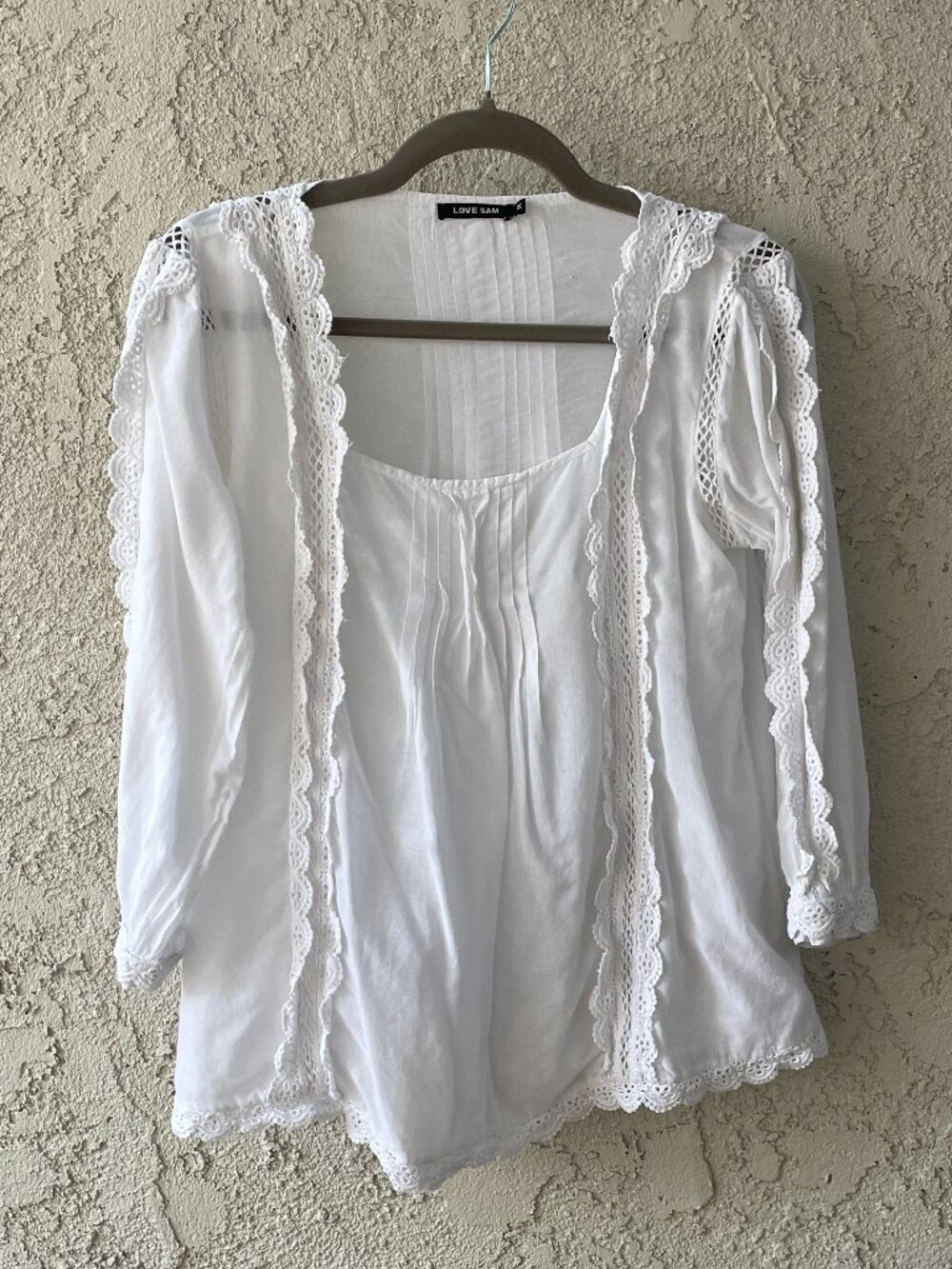 Love Sam White Sheer Lace Pintuck Peasant Blouse M Boho Cottagecore Top